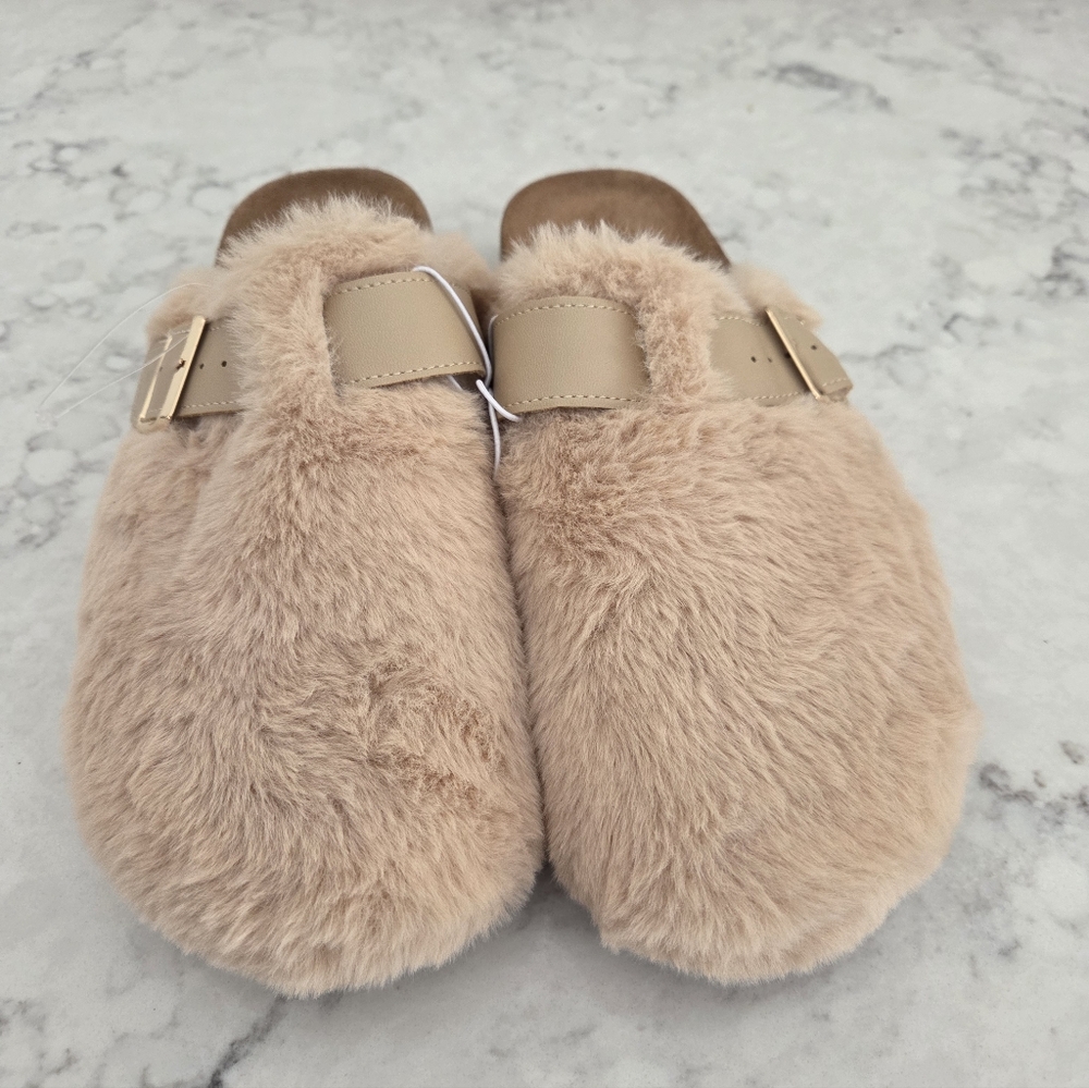 Ellie Beige Furry Slippers with Buckle